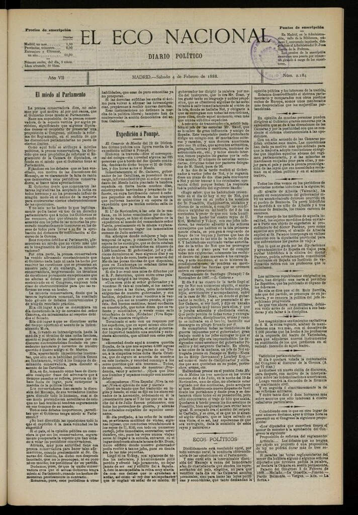 Miniatura de El Eco Nacional de 4 de febrero de 1888, nº 2184