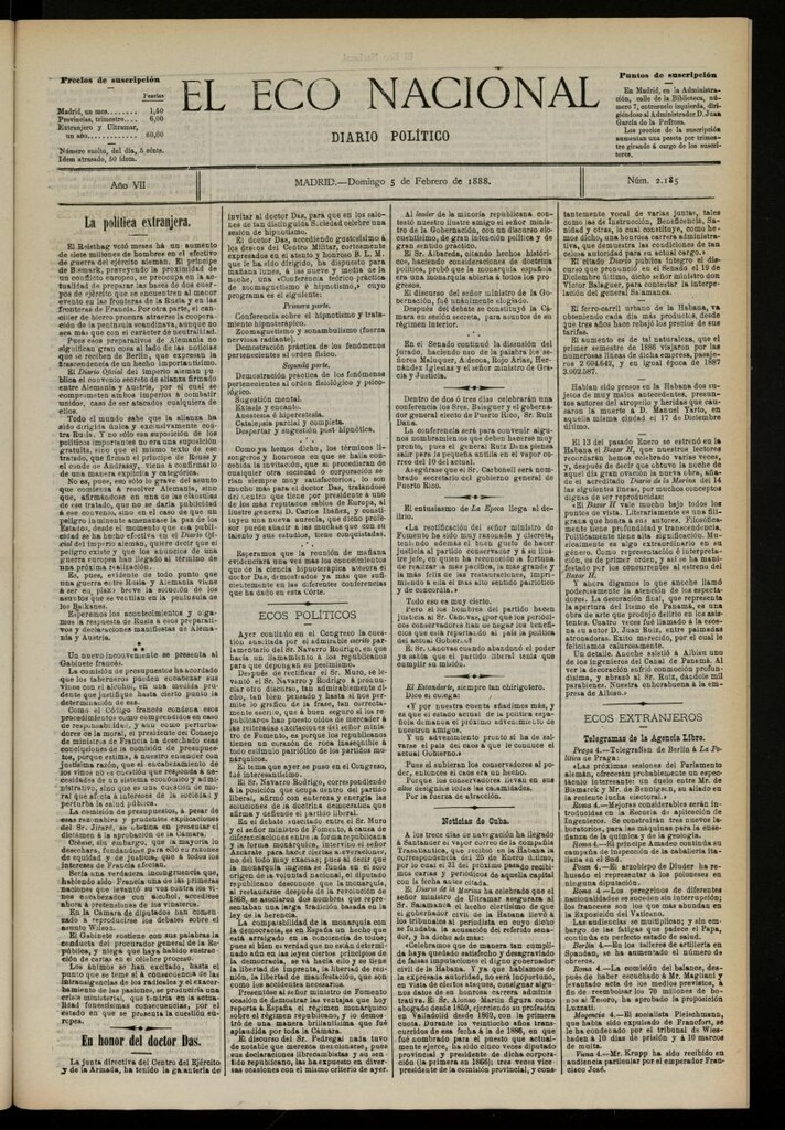 Miniatura de El Eco Nacional de 5 de febrero de 1888, nº 2185