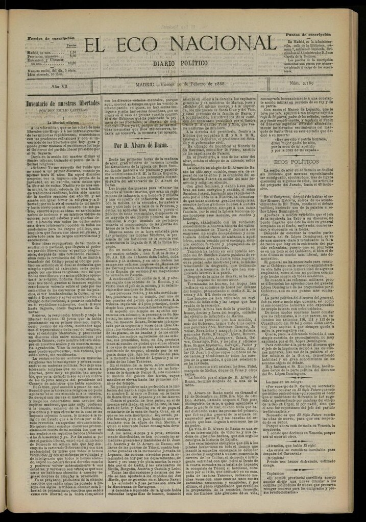 Miniatura de El Eco Nacional de 10 de febrero de 1888, nº 2189
