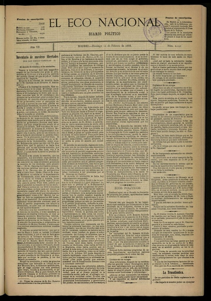 Miniatura de El Eco Nacional de 12 de febrero de 1888, nº 2191