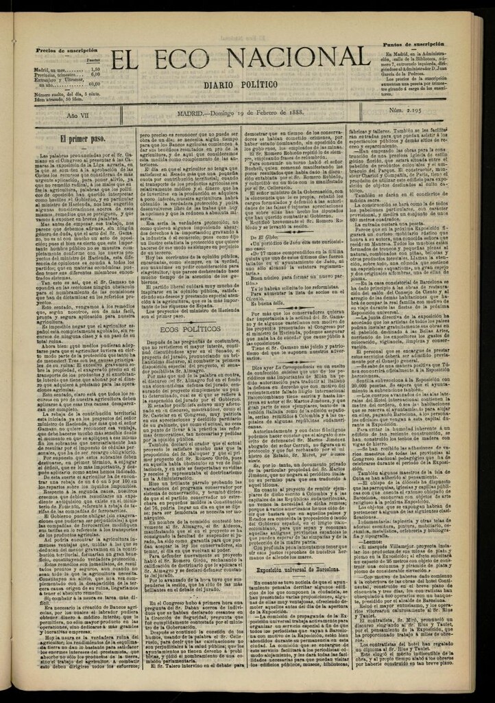 Miniatura de El Eco Nacional de 19 de febrero de 1888, nº 2195