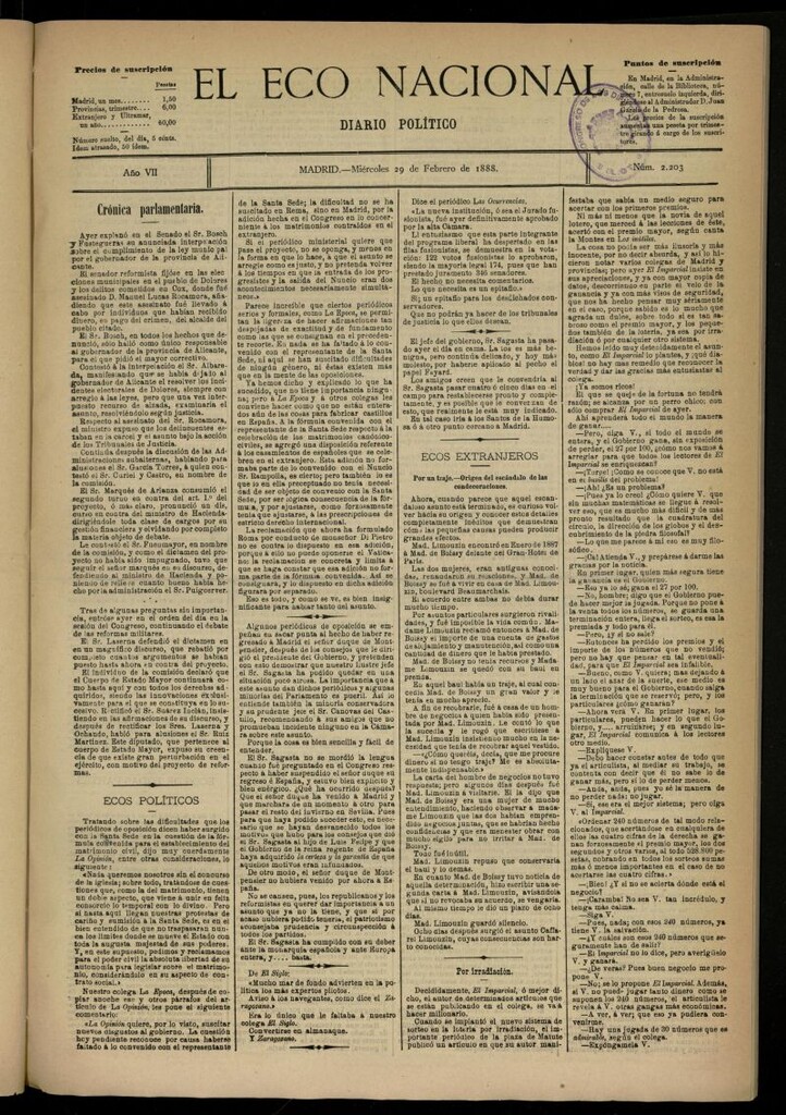 Miniatura de El Eco Nacional de 29 de febrero de 1888, nº 2203