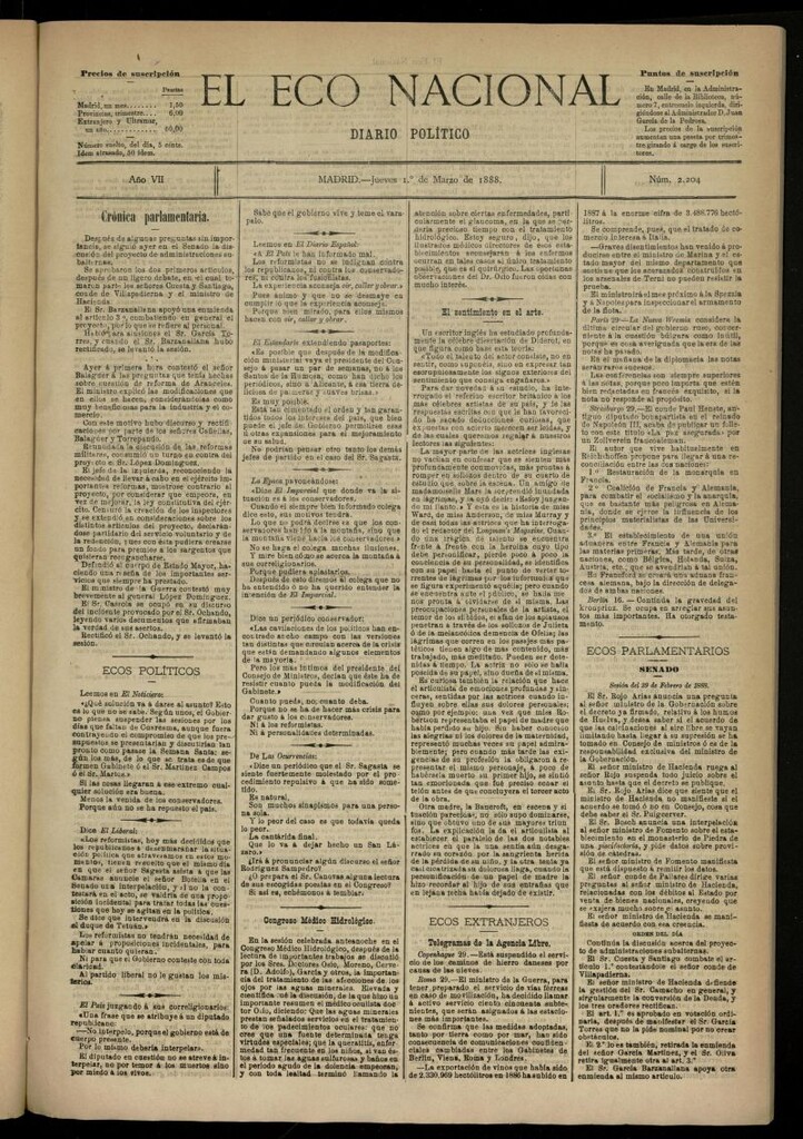 Miniatura de El Eco Nacional de 1 de marzo de 1888, nº 2204