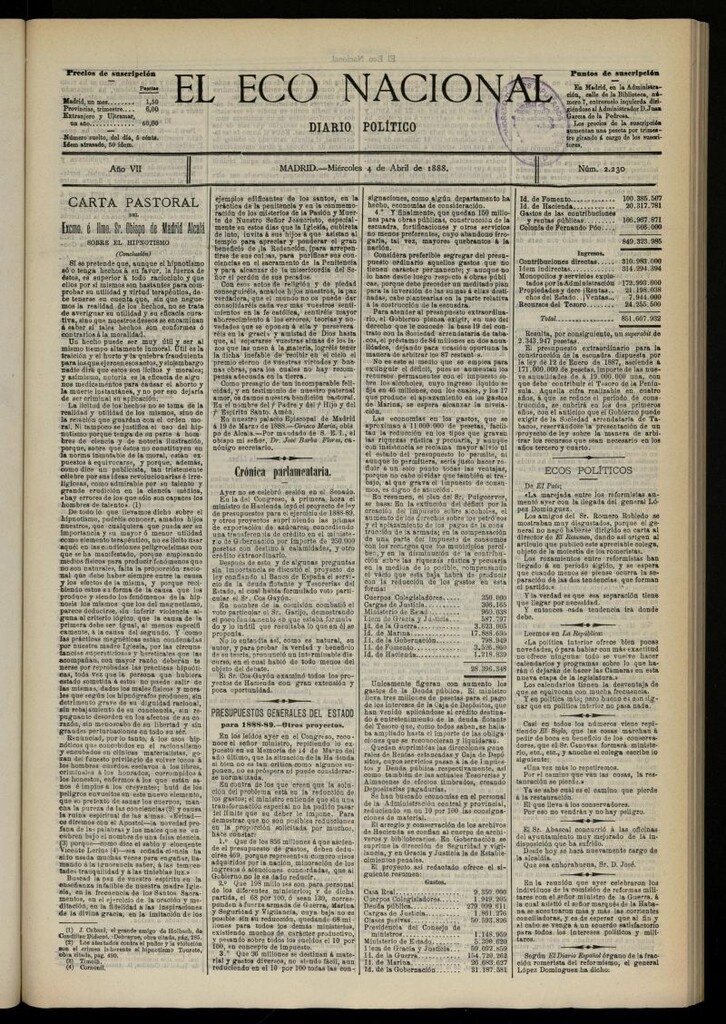 Miniatura de El Eco Nacional de 4 de abril de 1888, nº 2230