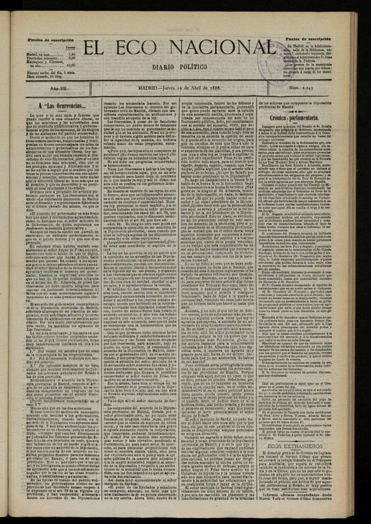 Miniatura de El Eco Nacional de 19 de abril de 1888, nº 2243