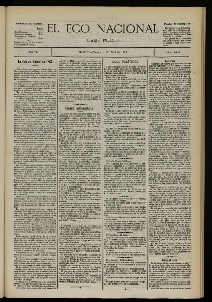 Miniatura de El Eco Nacional de 20 de abril de 1888, nº 2244