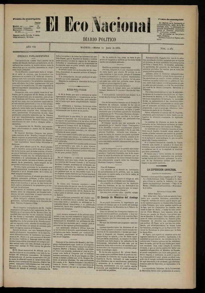 Miniatura de El Eco Nacional de 12 de junio de 1888, nº 2285