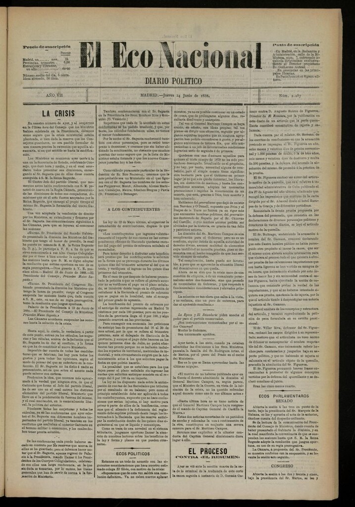 Miniatura de El Eco Nacional de 14 de junio de 1888, nº 2287