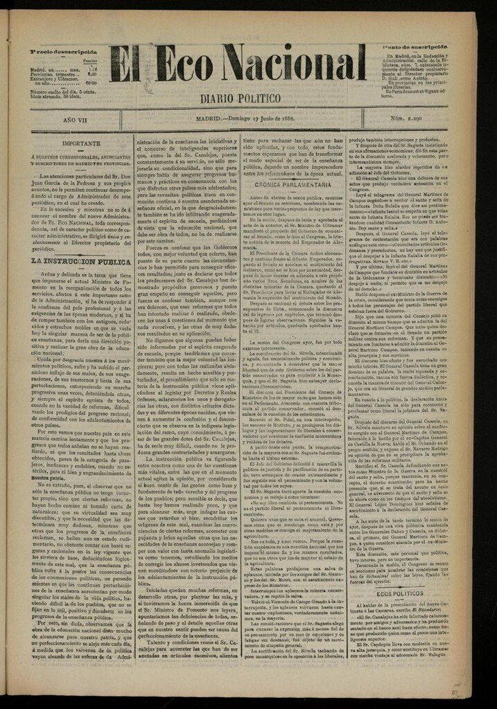 Miniatura de El Eco Nacional de 17 de junio de 1888, nº 2290