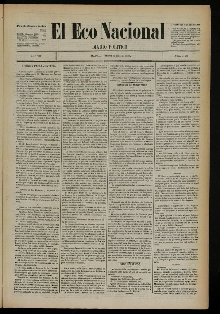 Miniatura de El Eco Nacional de 19 de junio de 1888, nº 2291
