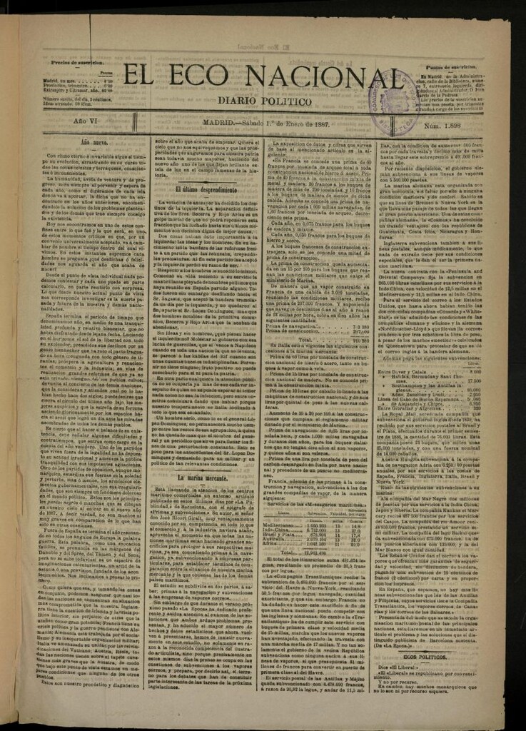 Miniatura de El Eco Nacional de 1 de enero de 1887, nº 1898