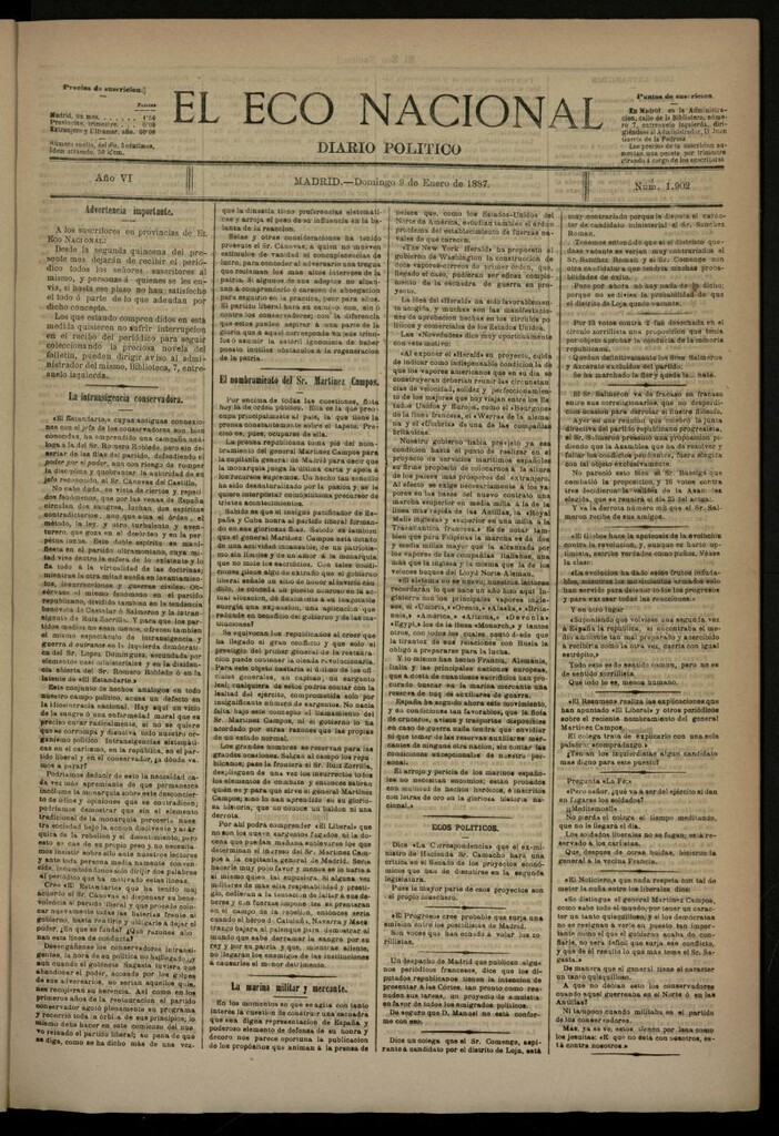 Miniatura de El Eco Nacional de 9 de enero de 1887, nº 1902