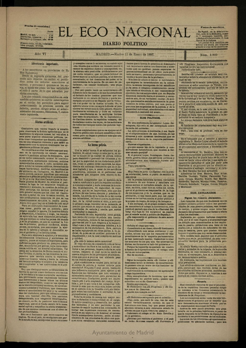 Miniatura de El Eco Nacional de 11 de enero de 1887, nº 1903