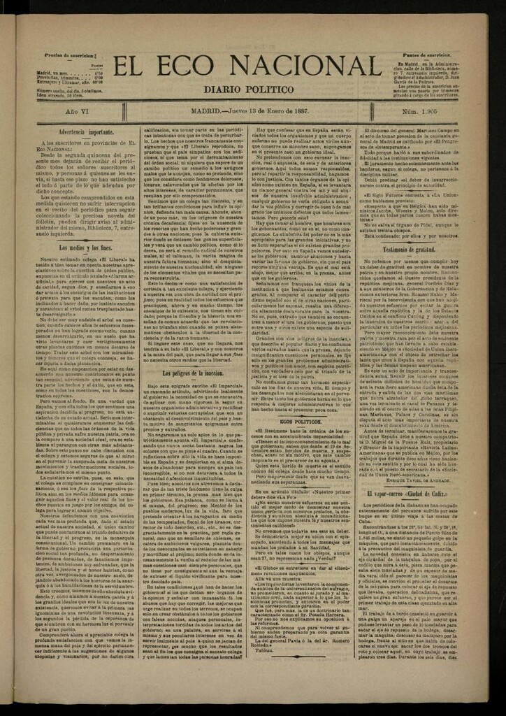 Miniatura de El Eco Nacional de 13 de enero de 1887, nº 1905