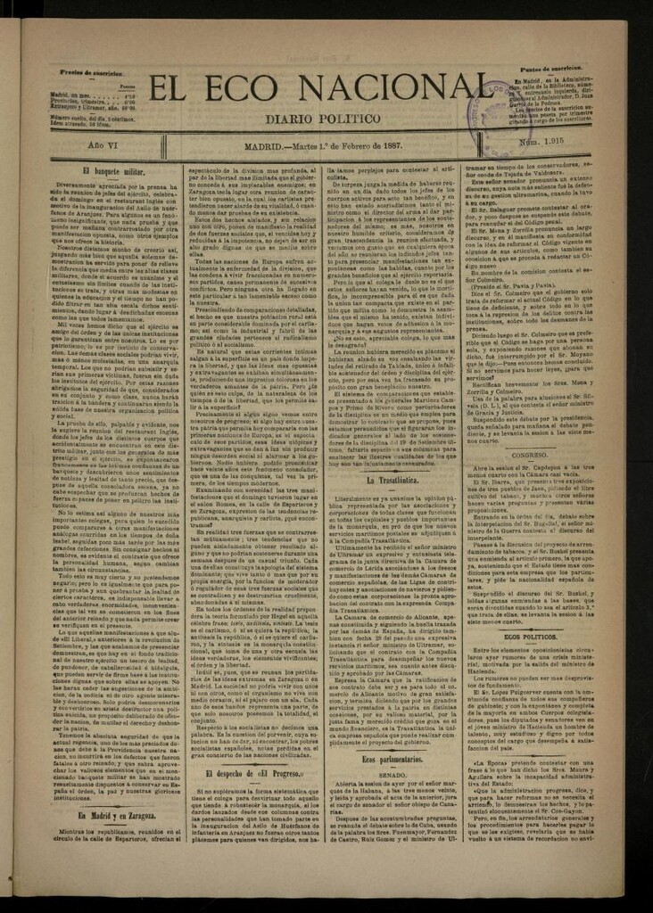 Miniatura de El Eco Nacional de 1 de febrero de 1887, nº 1915
