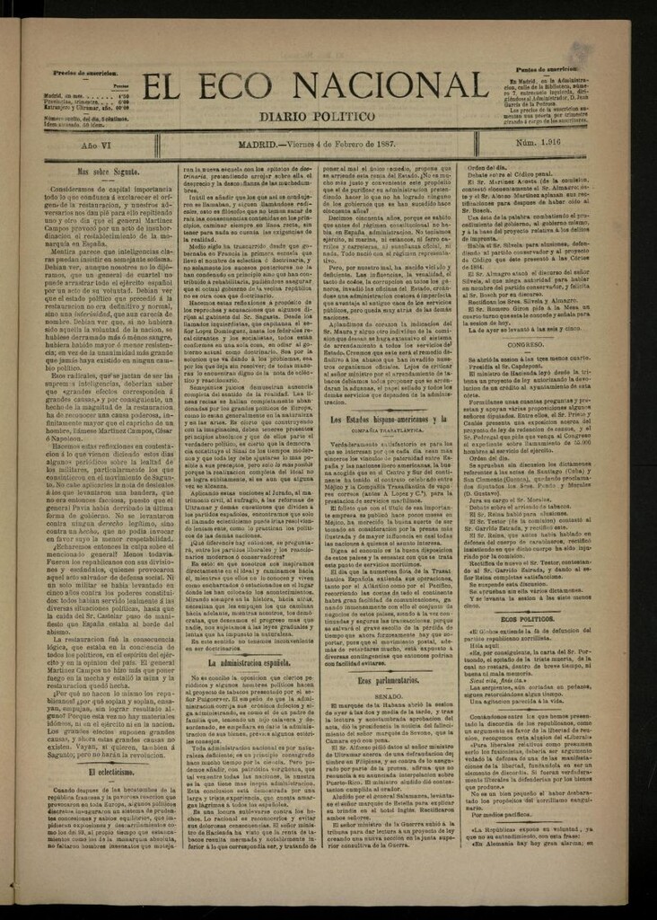 Miniatura de El Eco Nacional de 4 de febrero de 1887, nº 1916