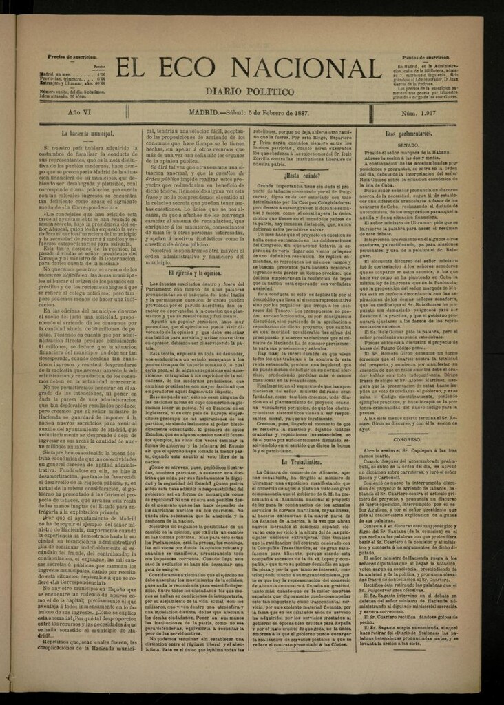 Miniatura de El Eco Nacional de 5 de febrero de 1887, nº 1917