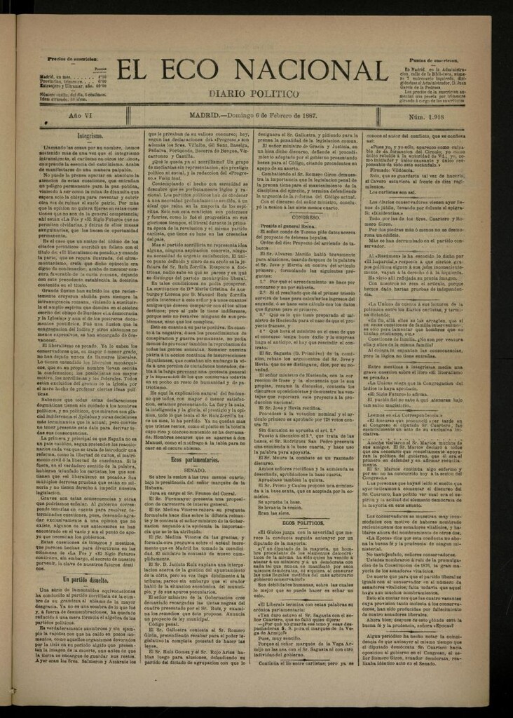 Miniatura de El Eco Nacional de 6 de febrero de 1887, nº 1918
