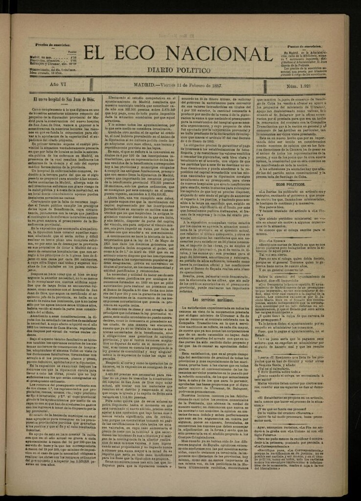 Miniatura de El Eco Nacional de 11 de febrero de 1887, nº 1921