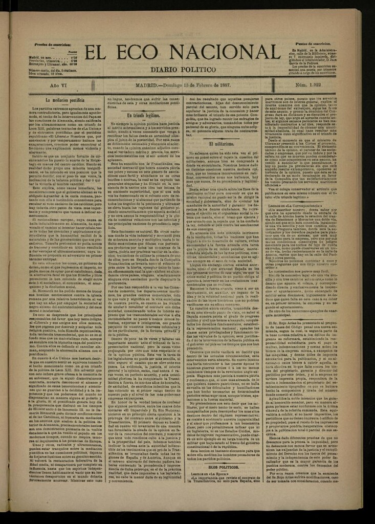 Miniatura de El Eco Nacional de 13 de febrero de 1887, nº 1922