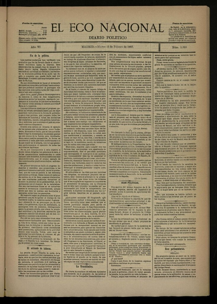 Miniatura de El Eco Nacional de 15 de febrero de 1887, nº 1923