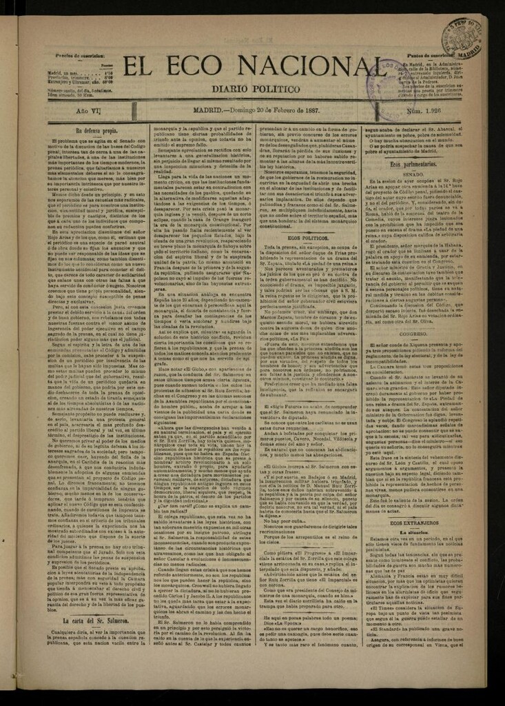 Miniatura de El Eco Nacional de 20 de febrero de 1887, nº 1926