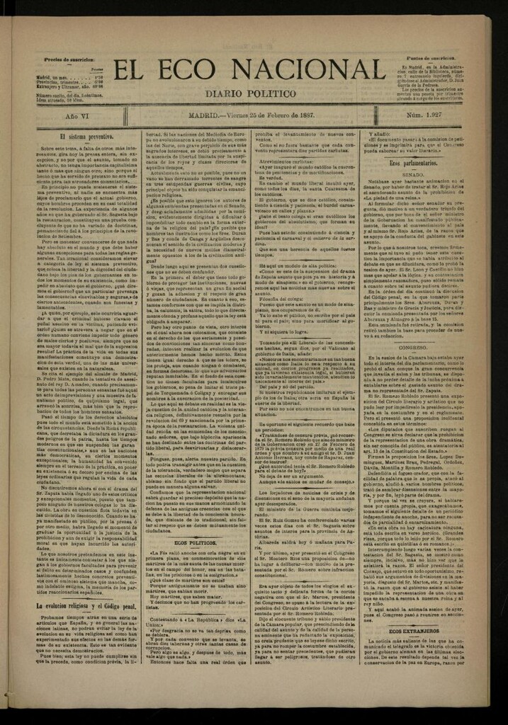 Miniatura de El Eco Nacional de 25 de febrero de 1887, nº 1927