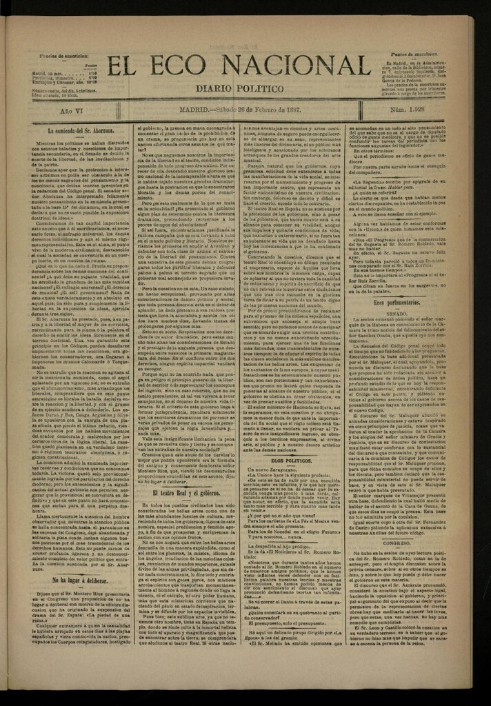 Miniatura de El Eco Nacional de 26 de febrero de 1887, nº 1928