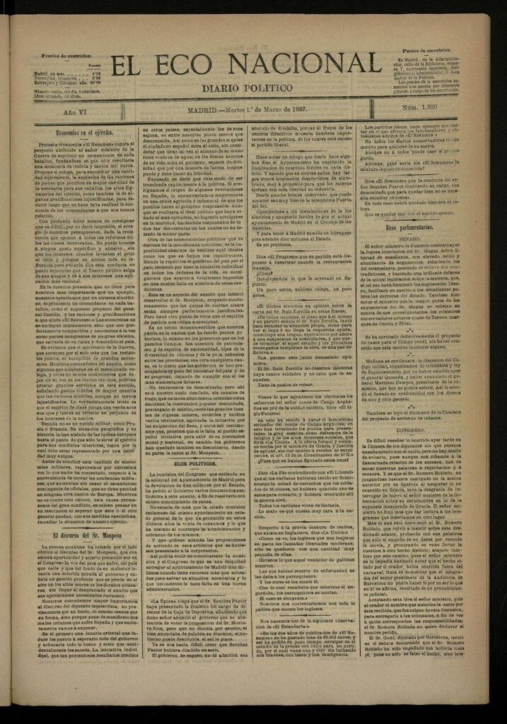 Miniatura de El Eco Nacional de 1 de marzo de 1887, nº 1930