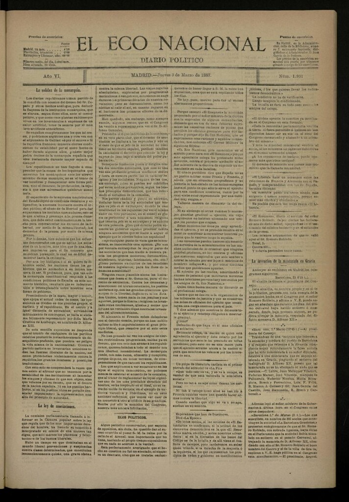 Miniatura de El Eco Nacional de 3 de marzo de 1887, nº 1931