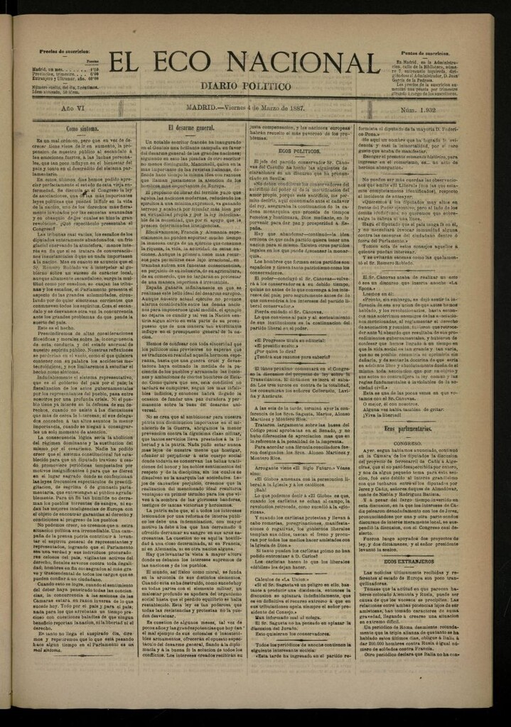 Miniatura de El Eco Nacional de 4 de marzo de 1887, nº 1932
