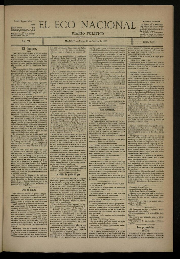 Miniatura de El Eco Nacional de 10 de marzo de 1887, nº 1935