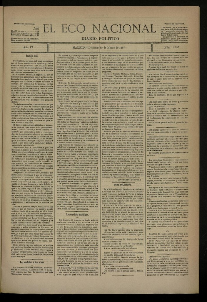 Miniatura de El Eco Nacional de 13 de marzo de 1887, nº 1937