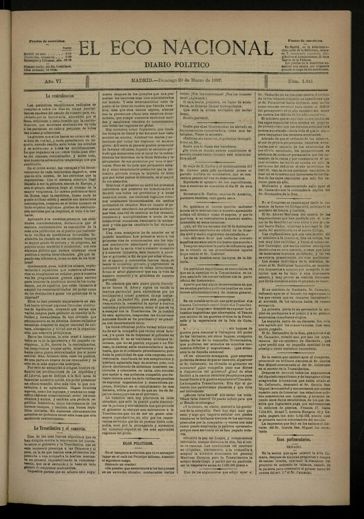 Miniatura de El Eco Nacional de 20 de marzo de 1887, nº 1941