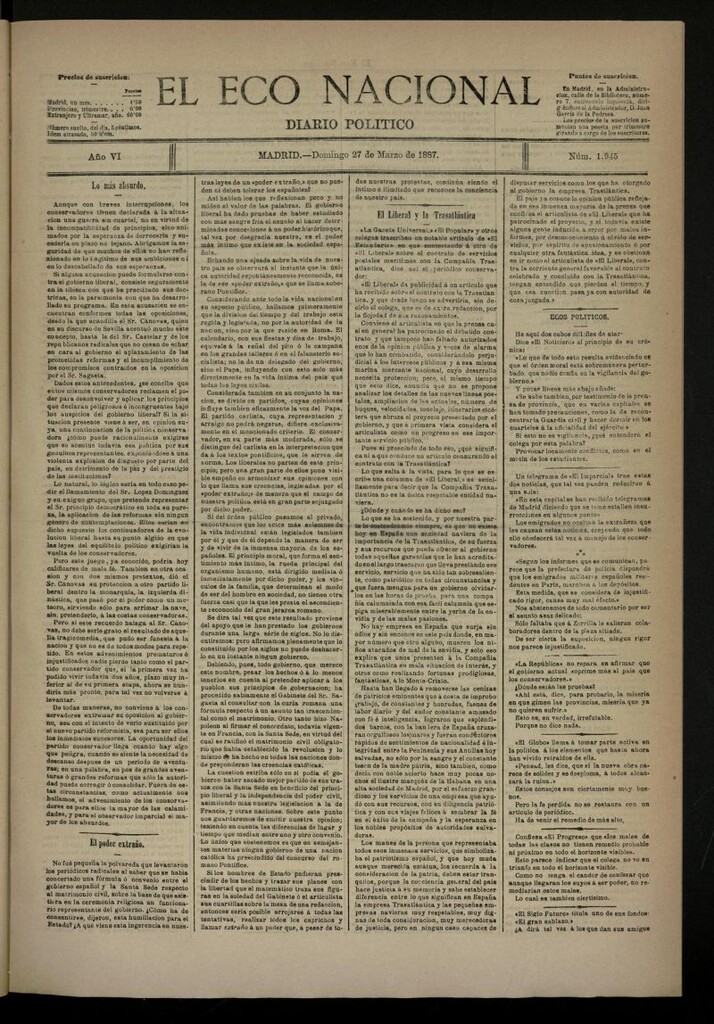 Miniatura de El Eco Nacional de 27 de marzo de 1887, nº 1945