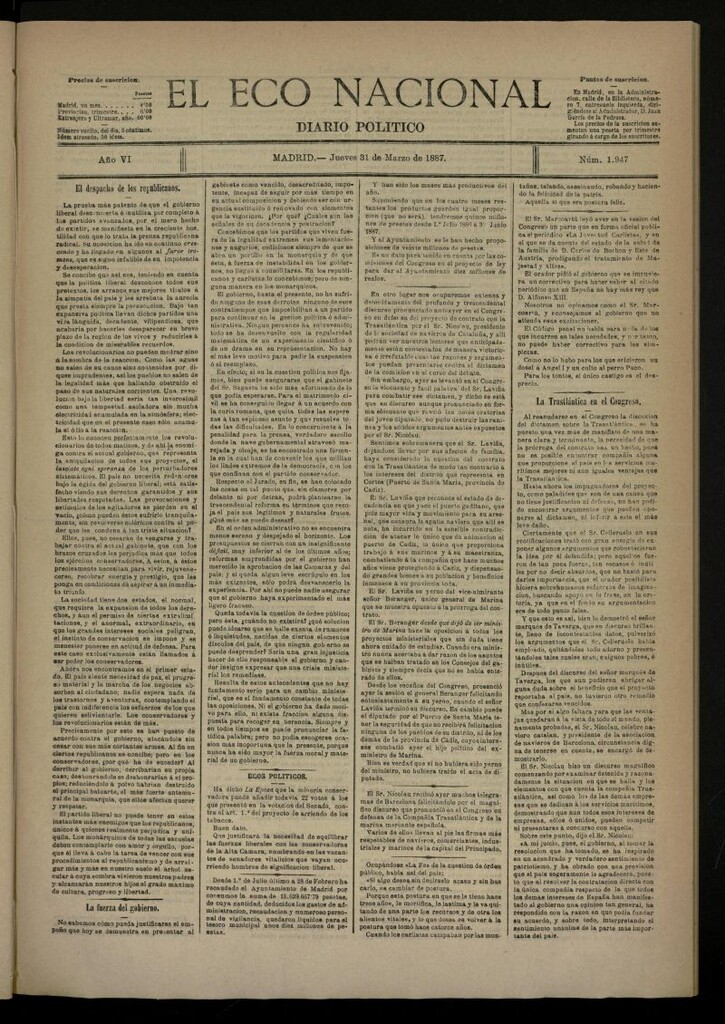 Miniatura de El Eco Nacional de 31 de marzo de 1887, nº 1947