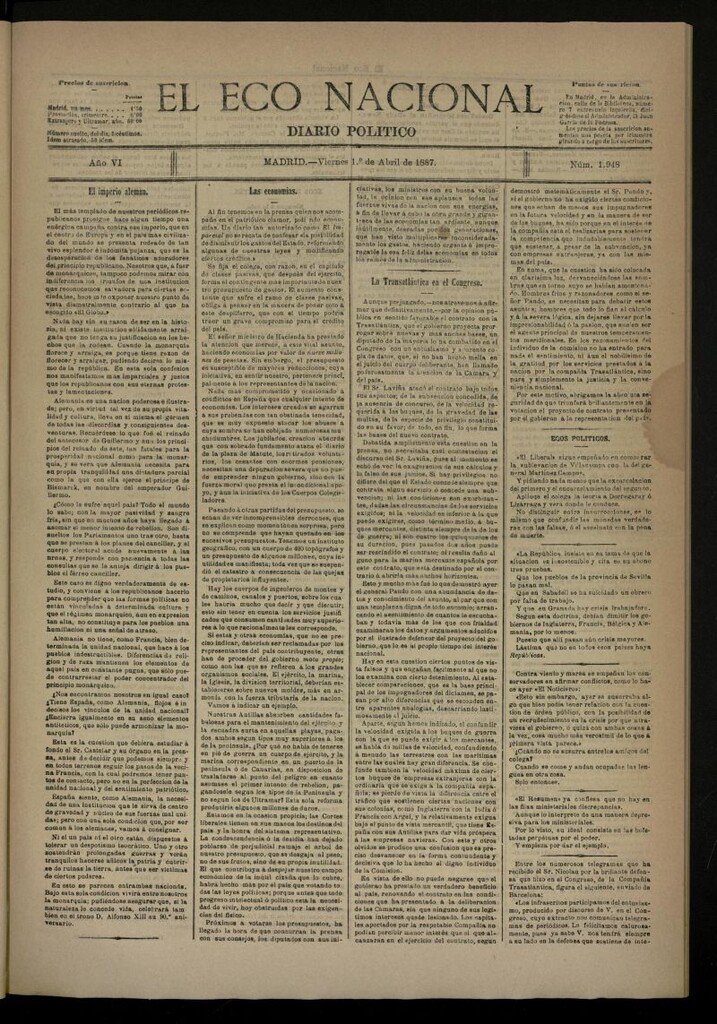 Miniatura de El Eco Nacional de 1 de abril de 1887, nº 1948