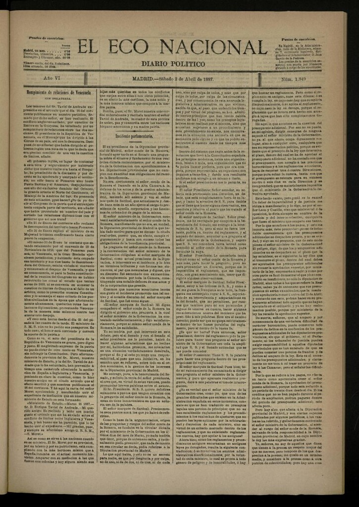 Miniatura de El Eco Nacional 2 de abril de 1887, nº 1949