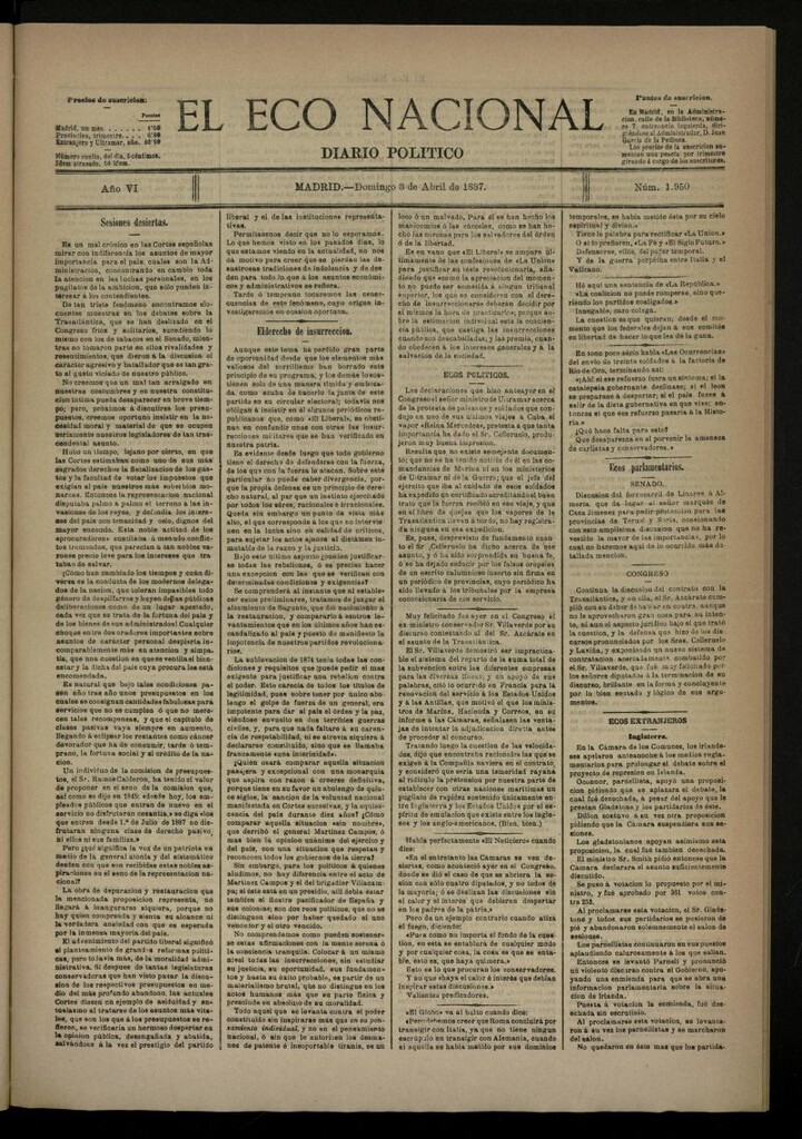 Miniatura de El Eco Nacional de 3 de abril de 1887, nº 1950
