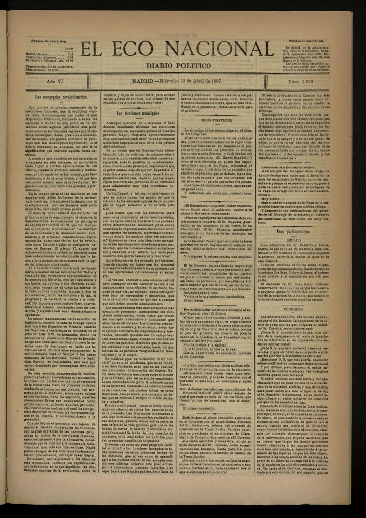 Miniatura de El Eco Nacional de 13 de abril de 1887, nº 1956