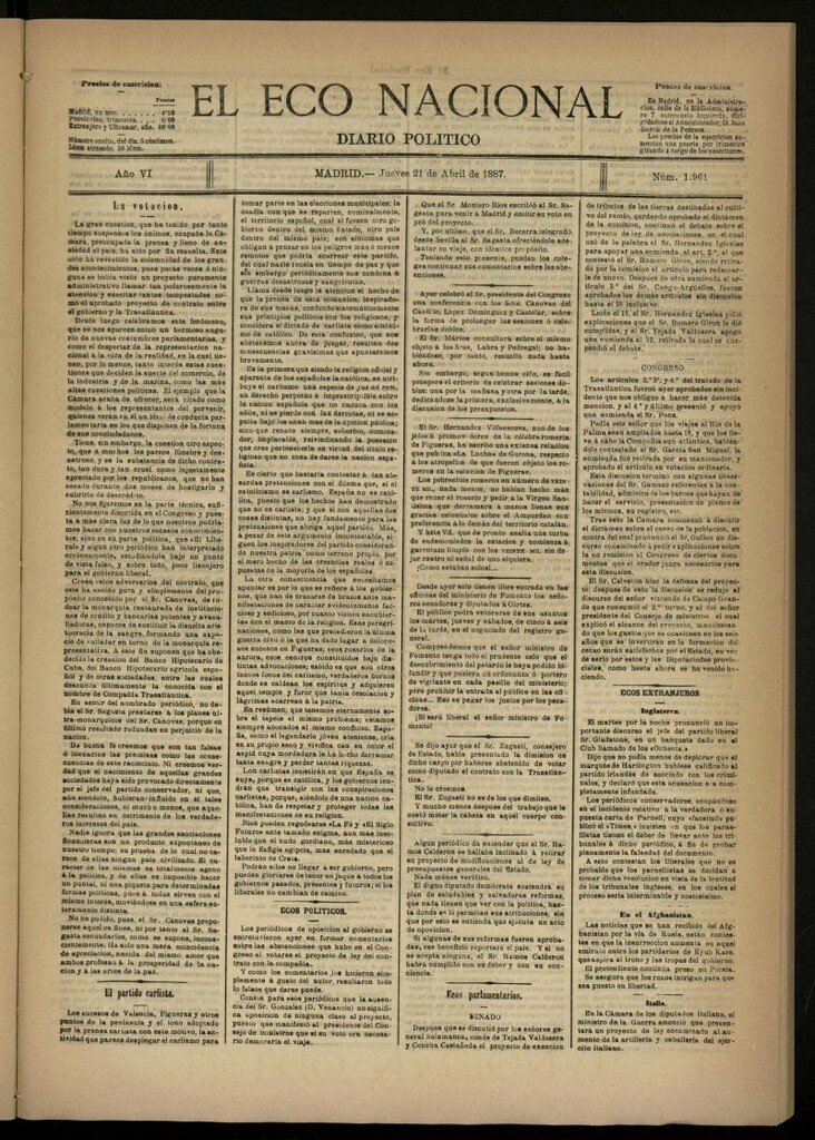 Miniatura de El Eco Nacional de 21 de abril de 1887, nº 1961