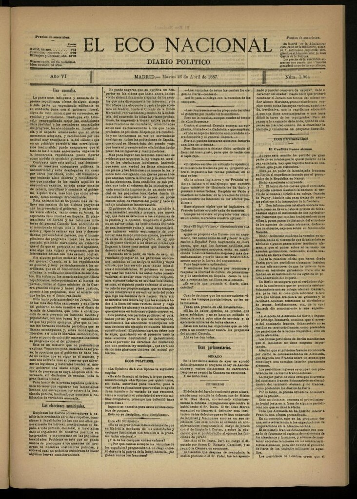 Miniatura de El Eco Nacional de 26 de abril de 1887, nº 1964
