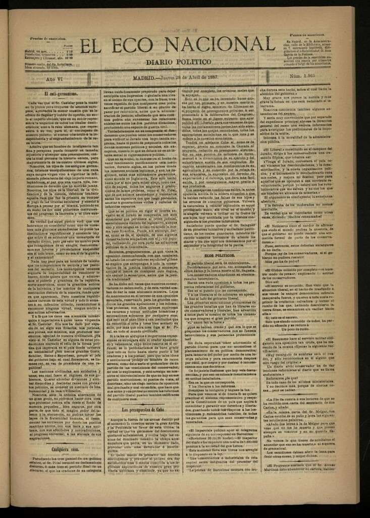 Miniatura de El Eco Nacional de 28 de abril de 1887, nº 1965
