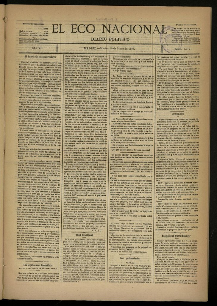 Miniatura de El Eco Nacional de 10 de mayo de 1887, nº 1972