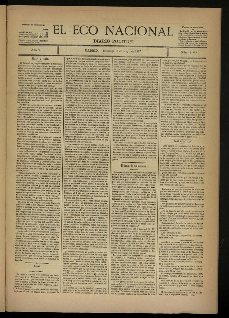 Miniatura de El Eco Nacional de 15 de mayo de 1887, nº 1975