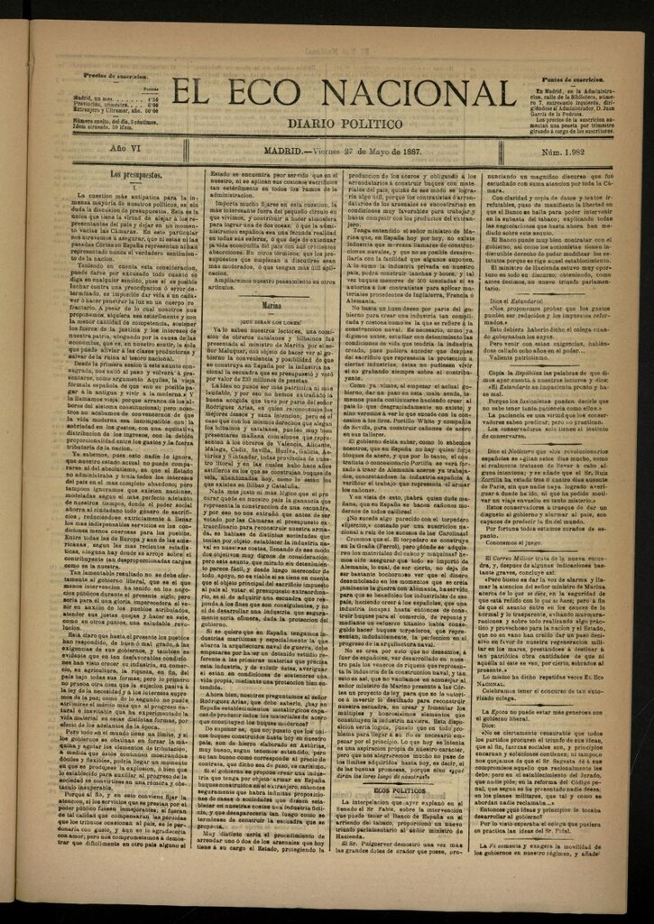 Miniatura de El Eco Nacional de 27 de mayo de 1887, nº 1982