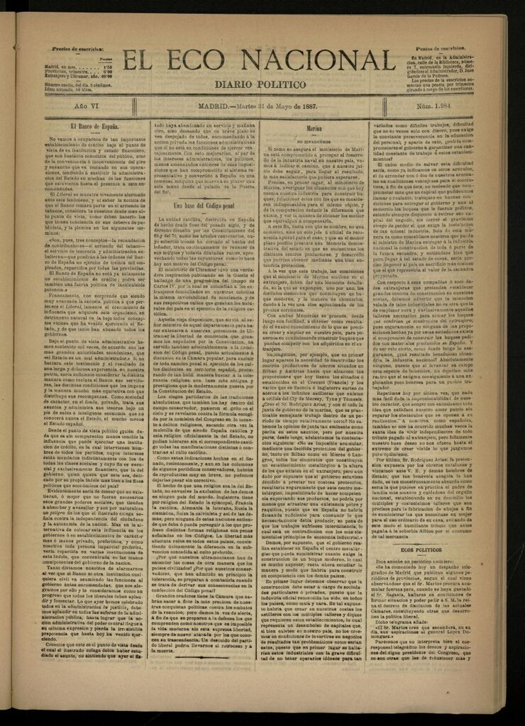 Miniatura de El Eco Nacional de 31 de mayo de 1887, nº 1984