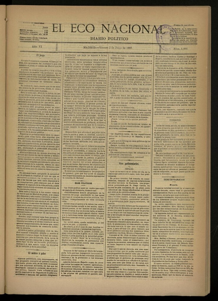 Miniatura de El Eco Nacional de 3 de junio de 1887, nº 1986