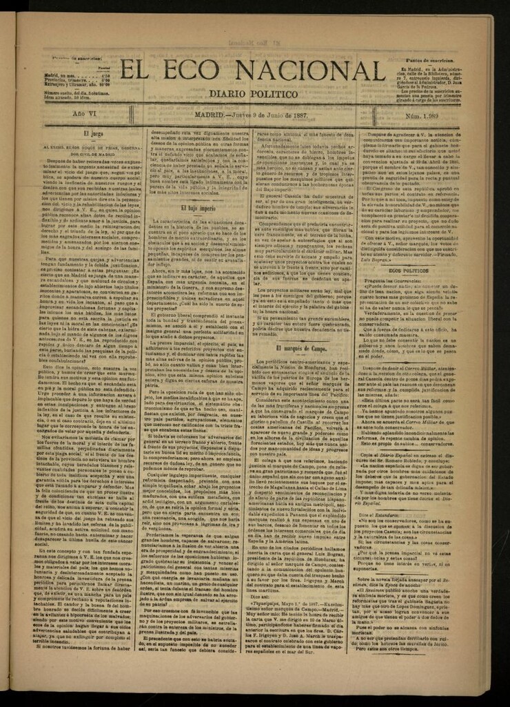 Miniatura de El Eco Nacional de 9 de junio de 1887, nº 1989