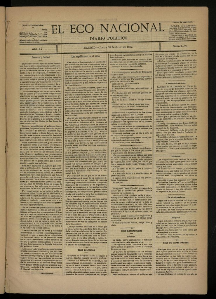 Miniatura de El Eco Nacional de 30 de junio de 1887, nº 2001
